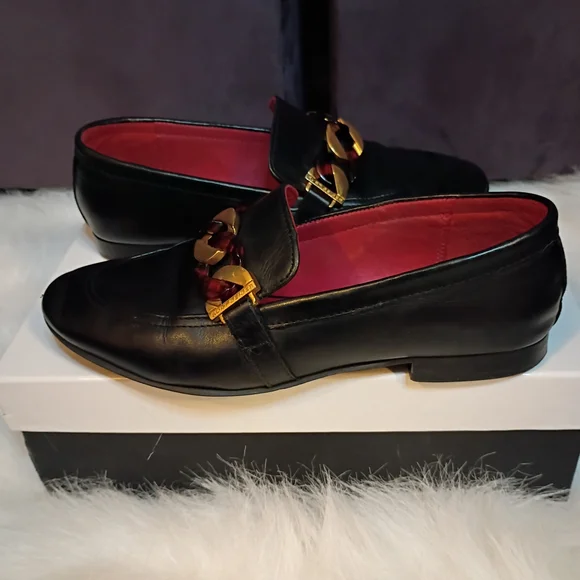 Kurt Geiger Black Genuine Leather Loafers with Gold and Brown Marble Chain - Picture 3 of 4